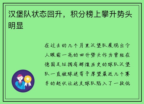 汉堡队状态回升，积分榜上攀升势头明显