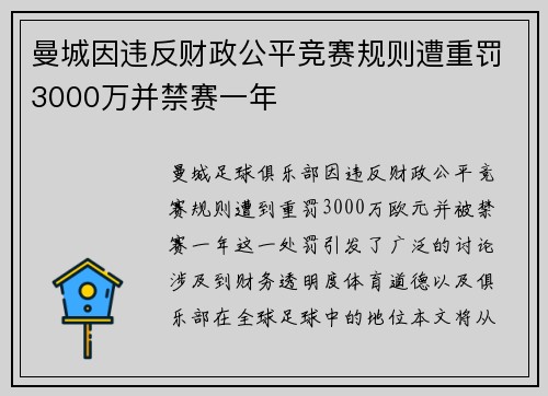 曼城因违反财政公平竞赛规则遭重罚3000万并禁赛一年