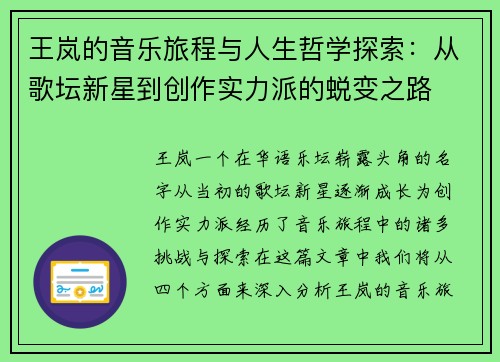 王岚的音乐旅程与人生哲学探索：从歌坛新星到创作实力派的蜕变之路