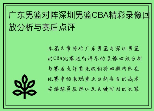 广东男篮对阵深圳男篮CBA精彩录像回放分析与赛后点评