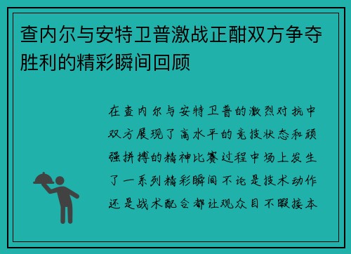 查内尔与安特卫普激战正酣双方争夺胜利的精彩瞬间回顾