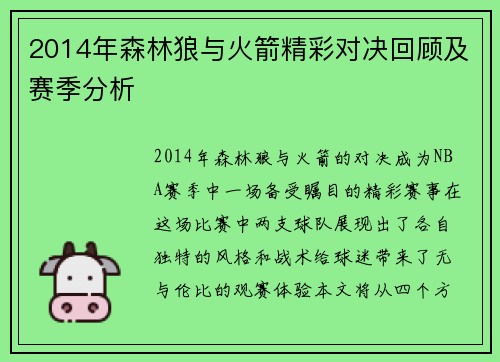 2014年森林狼与火箭精彩对决回顾及赛季分析