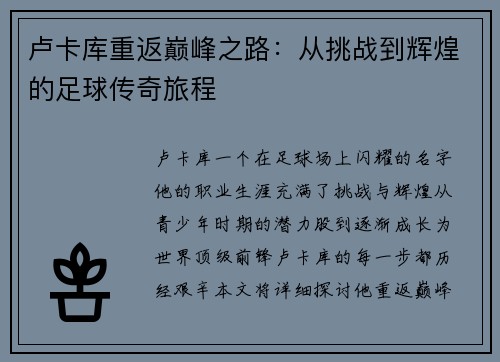 卢卡库重返巅峰之路：从挑战到辉煌的足球传奇旅程