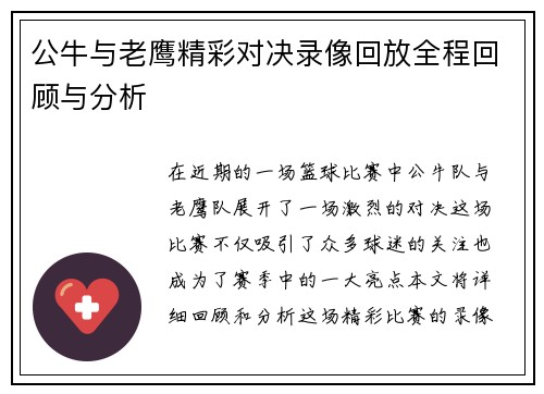 公牛与老鹰精彩对决录像回放全程回顾与分析