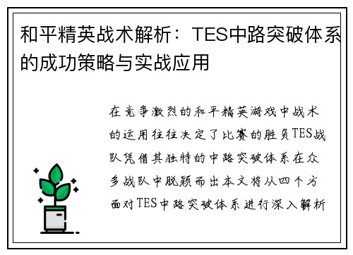 和平精英战术解析：TES中路突破体系的成功策略与实战应用
