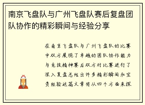 南京飞盘队与广州飞盘队赛后复盘团队协作的精彩瞬间与经验分享