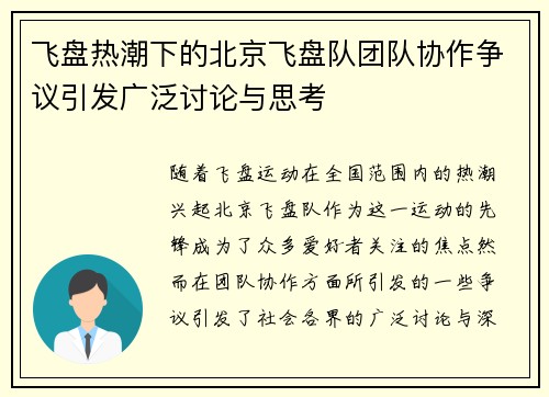 飞盘热潮下的北京飞盘队团队协作争议引发广泛讨论与思考
