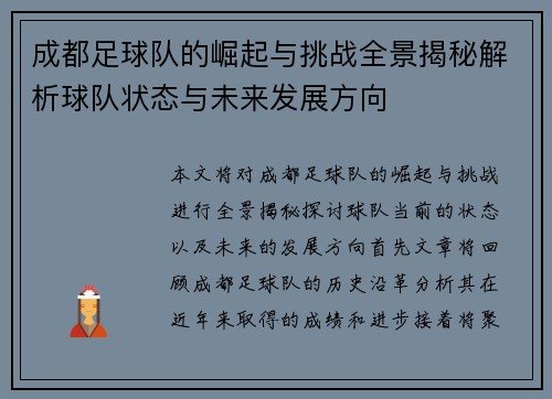 成都足球队的崛起与挑战全景揭秘解析球队状态与未来发展方向