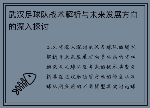 武汉足球队战术解析与未来发展方向的深入探讨