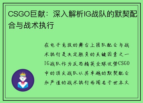 CSGO巨献：深入解析IG战队的默契配合与战术执行