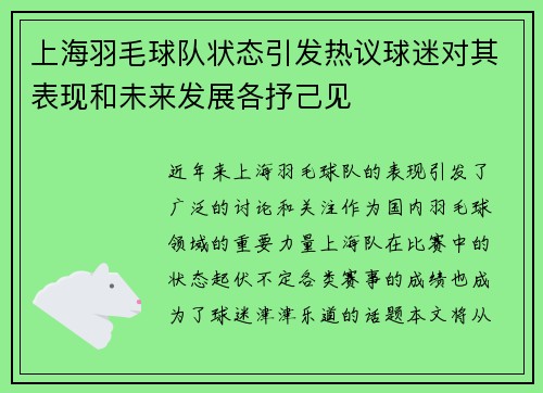 上海羽毛球队状态引发热议球迷对其表现和未来发展各抒己见